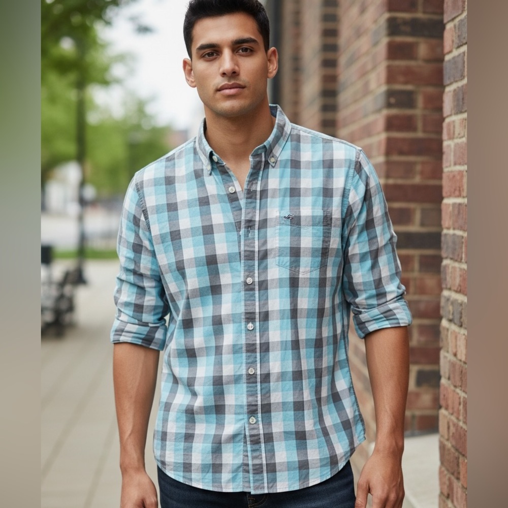Hollister Men’s Casual Button-Up Shirt – Blue, Size M, Classic Fit